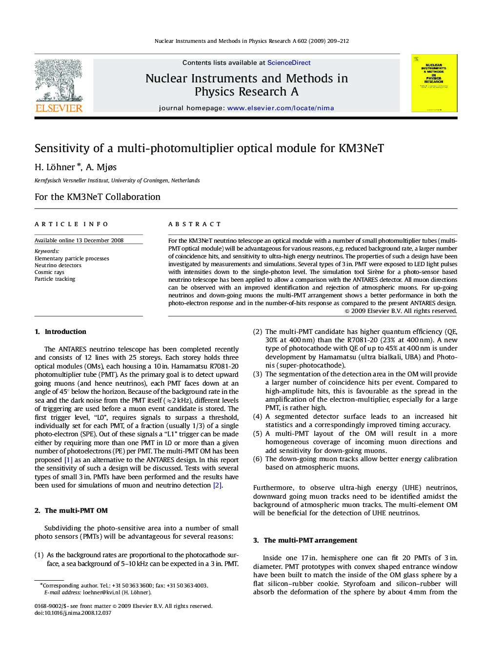 Sensitivity of a multi-photomultiplier optical module for KM3NeT