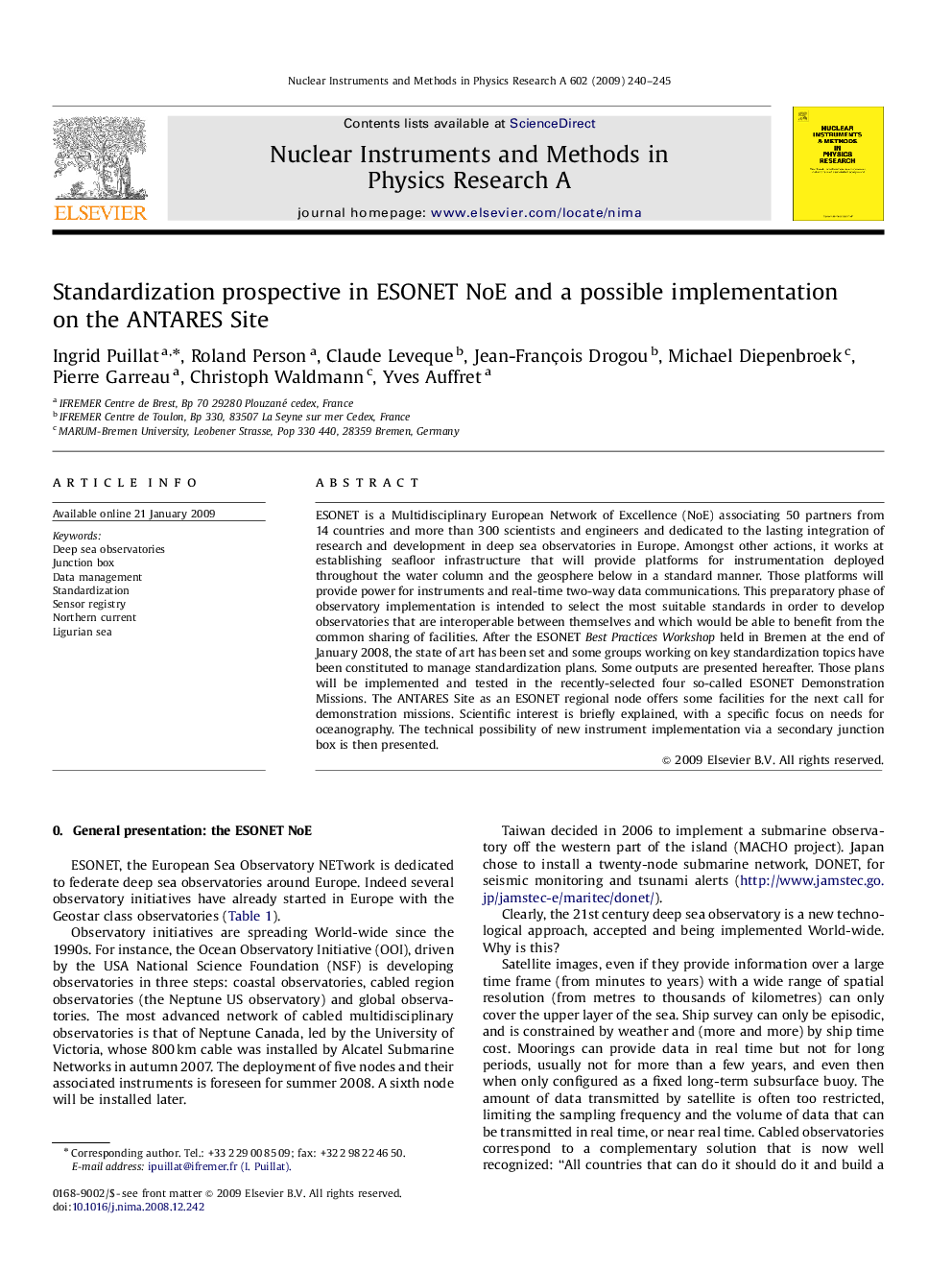 Standardization prospective in ESONET NoE and a possible implementation on the ANTARES Site