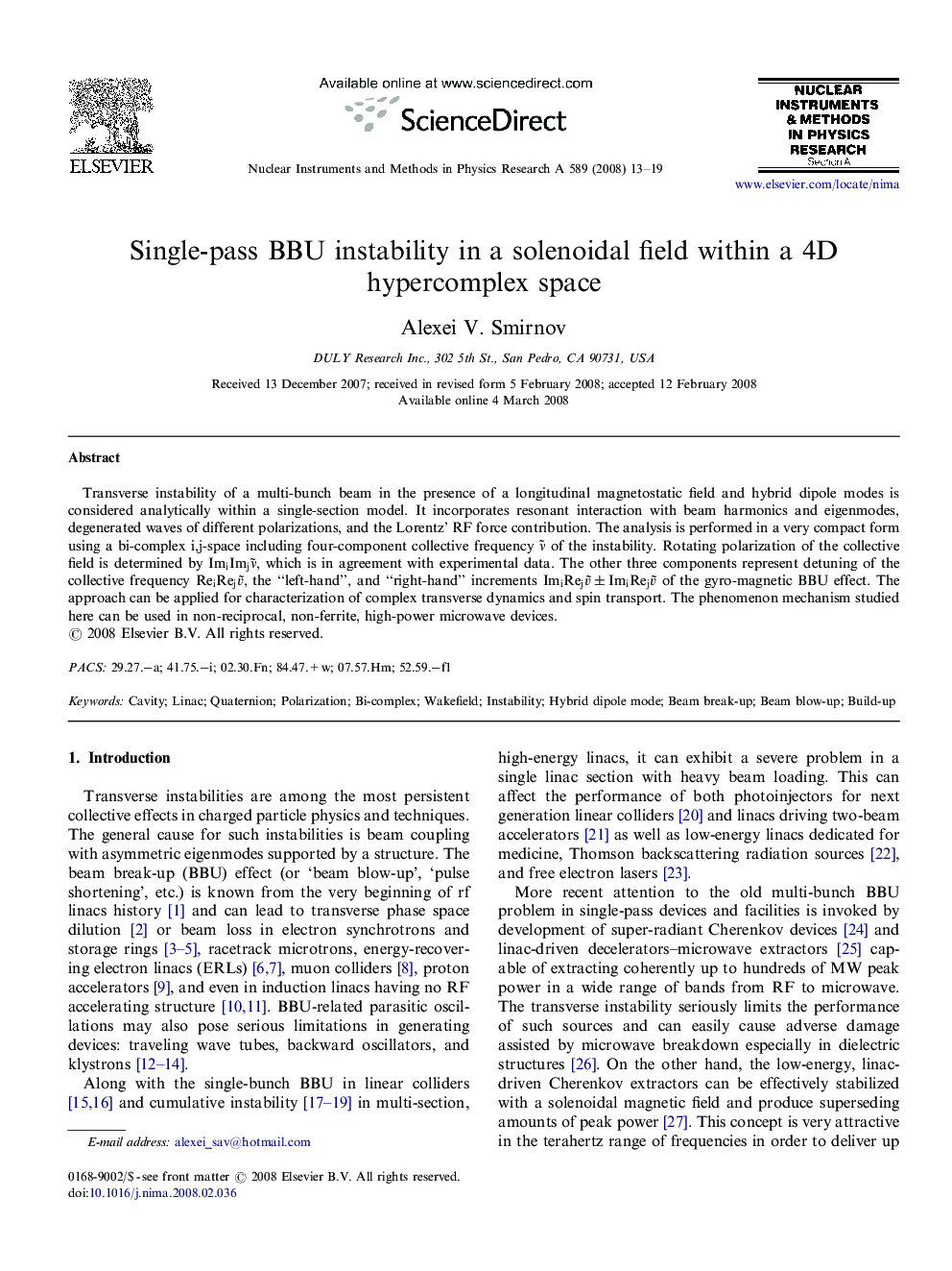 Single-pass BBU instability in a solenoidal field within a 4D hypercomplex space