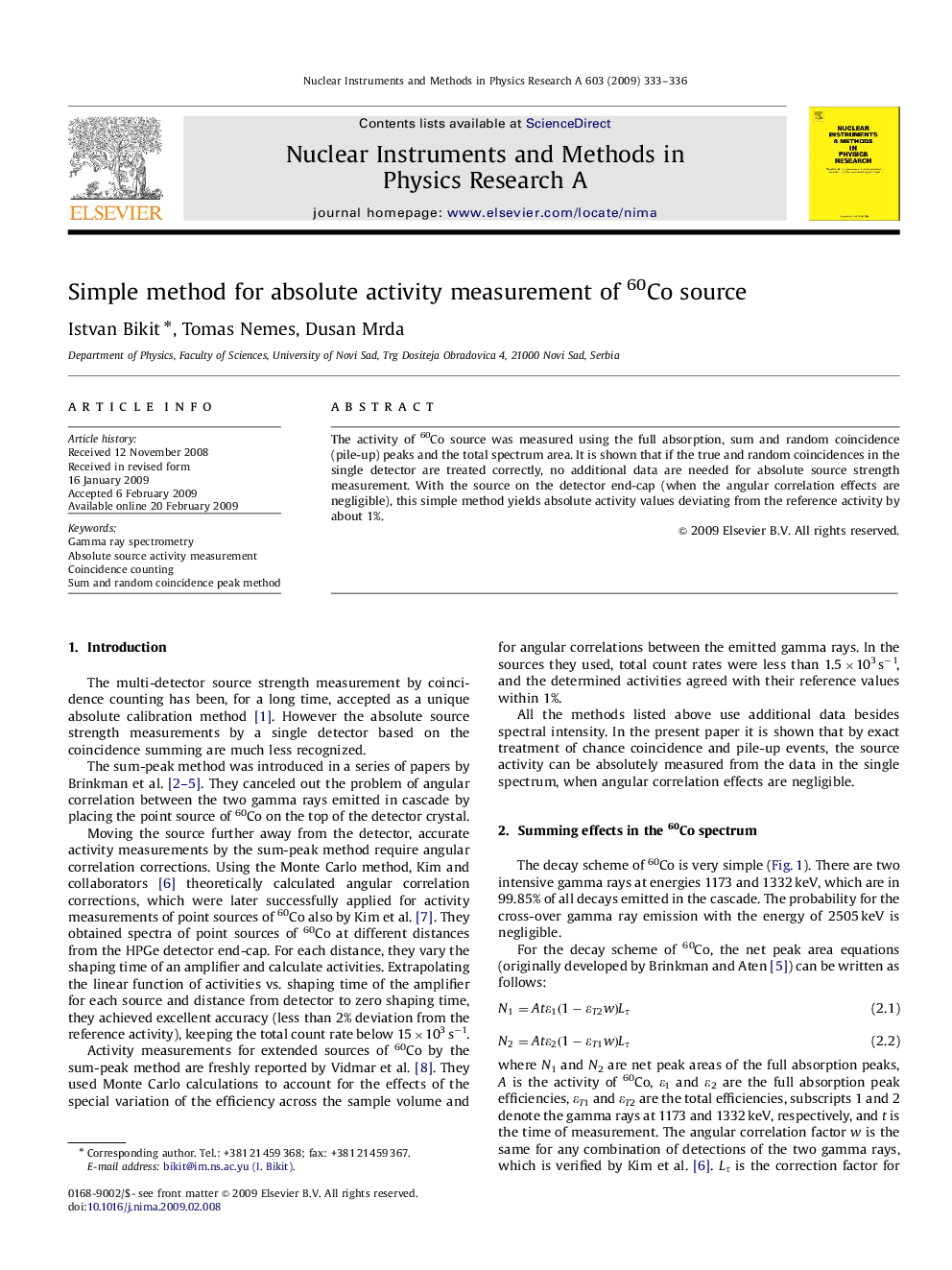 Simple method for absolute activity measurement of 60Co source