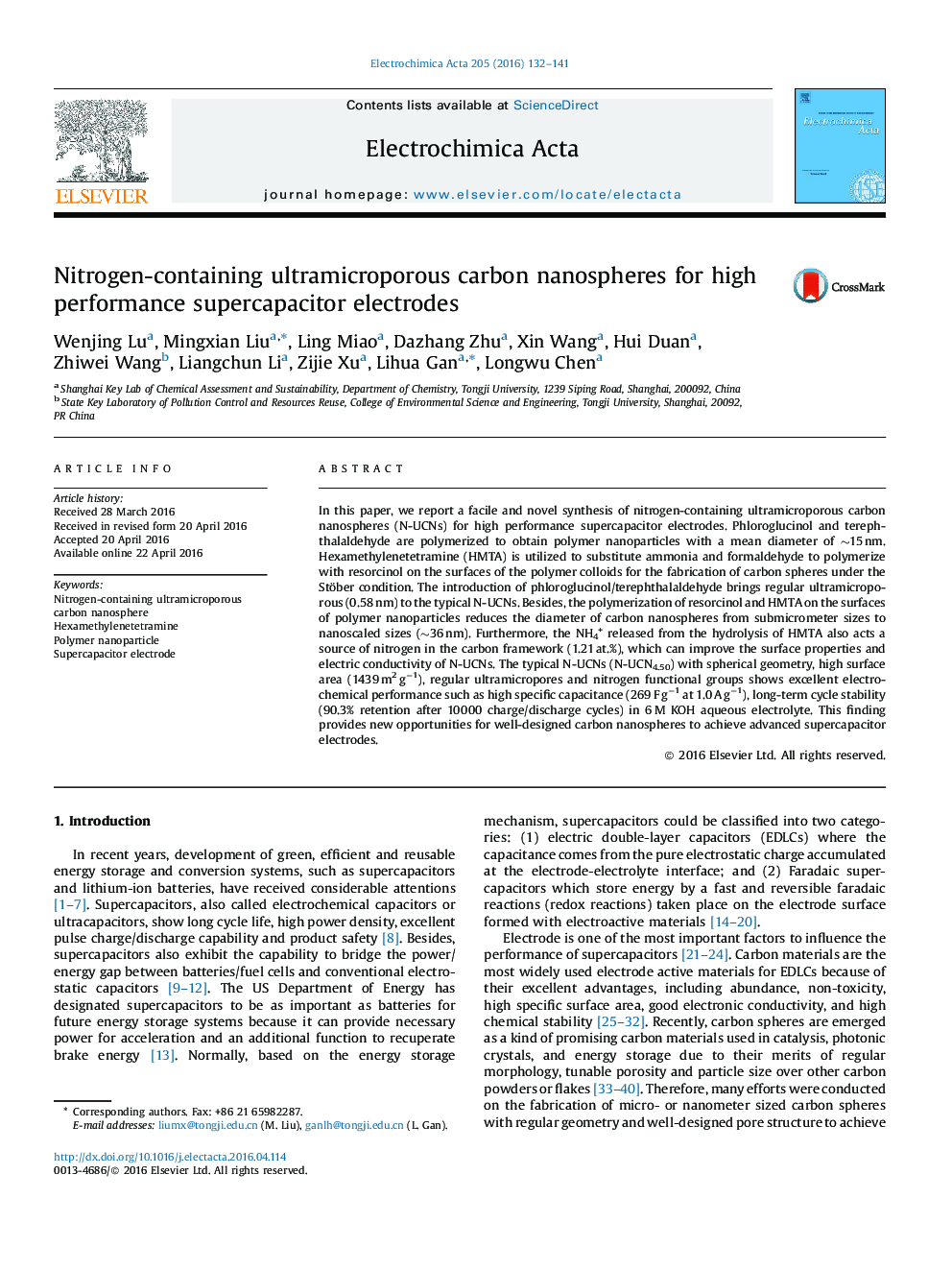 Nitrogen-containing ultramicroporous carbon nanospheres for high performance supercapacitor electrodes