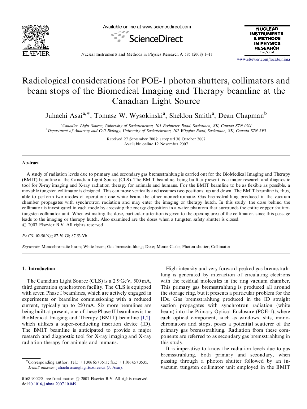 Radiological considerations for POE-1 photon shutters, collimators and beam stops of the Biomedical Imaging and Therapy beamline at the Canadian Light Source