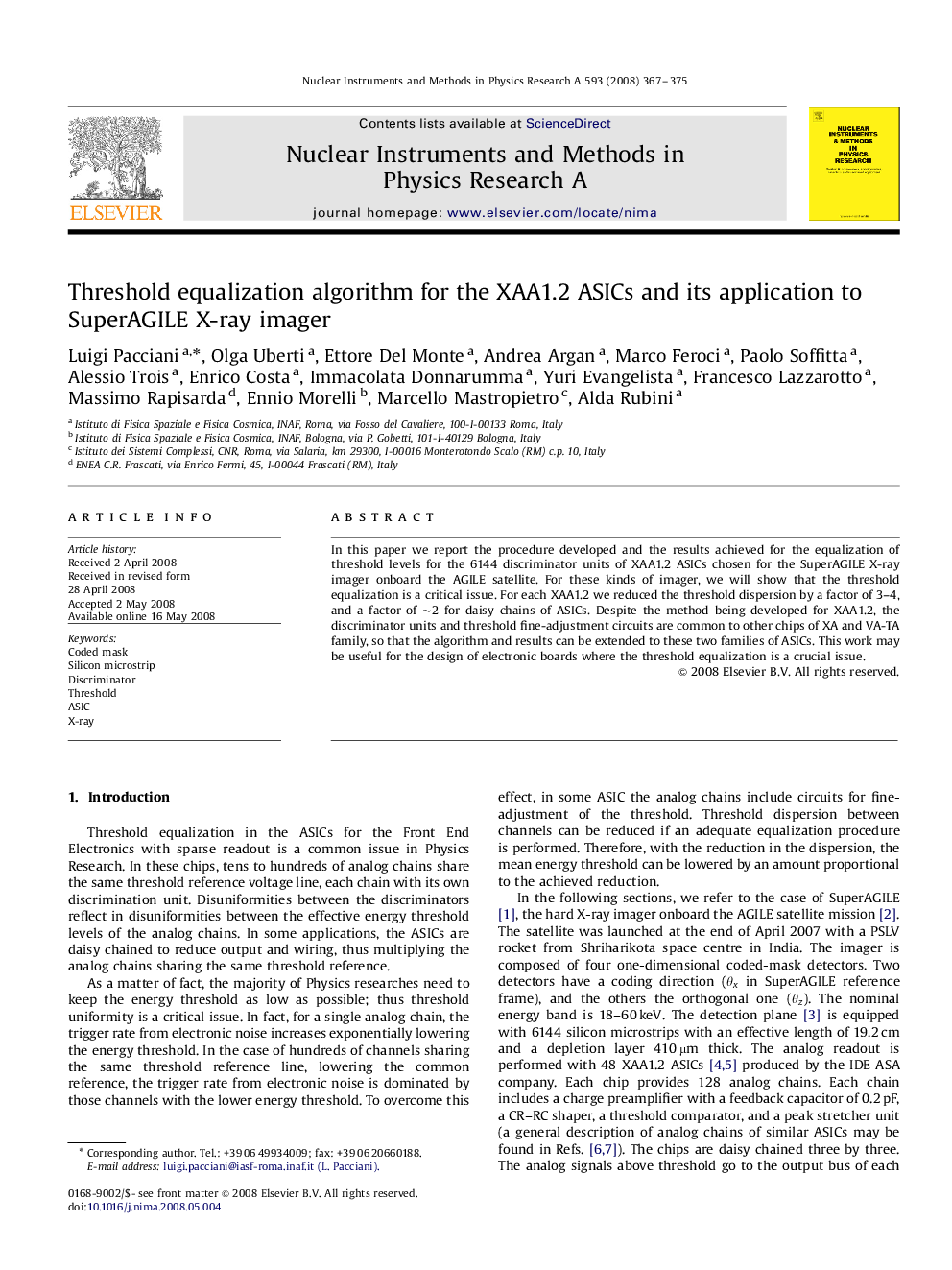 Threshold equalization algorithm for the XAA1.2 ASICs and its application to SuperAGILE X-ray imager