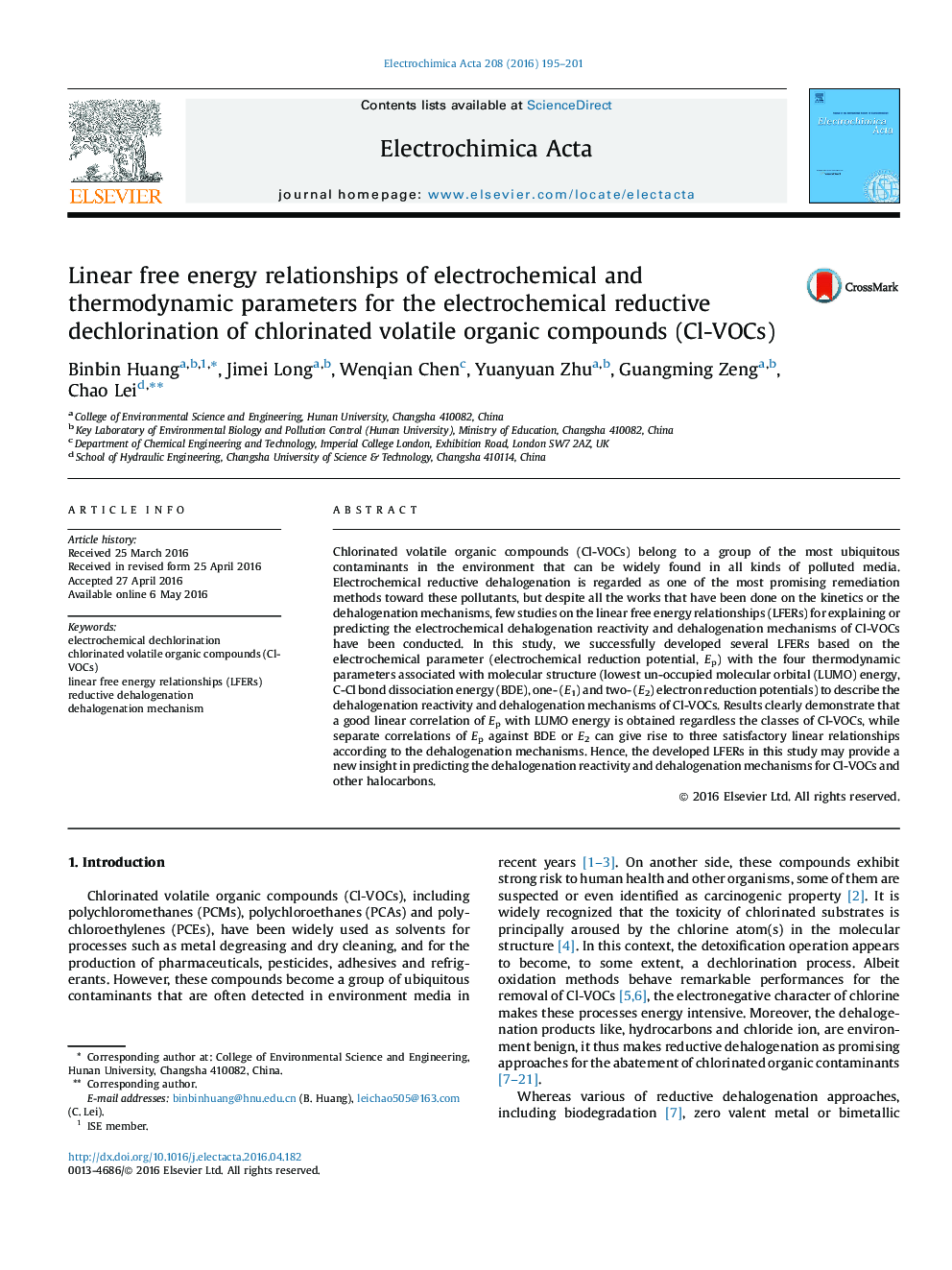 Linear free energy relationships of electrochemical and thermodynamic parameters for the electrochemical reductive dechlorination of chlorinated volatile organic compounds (Cl-VOCs)
