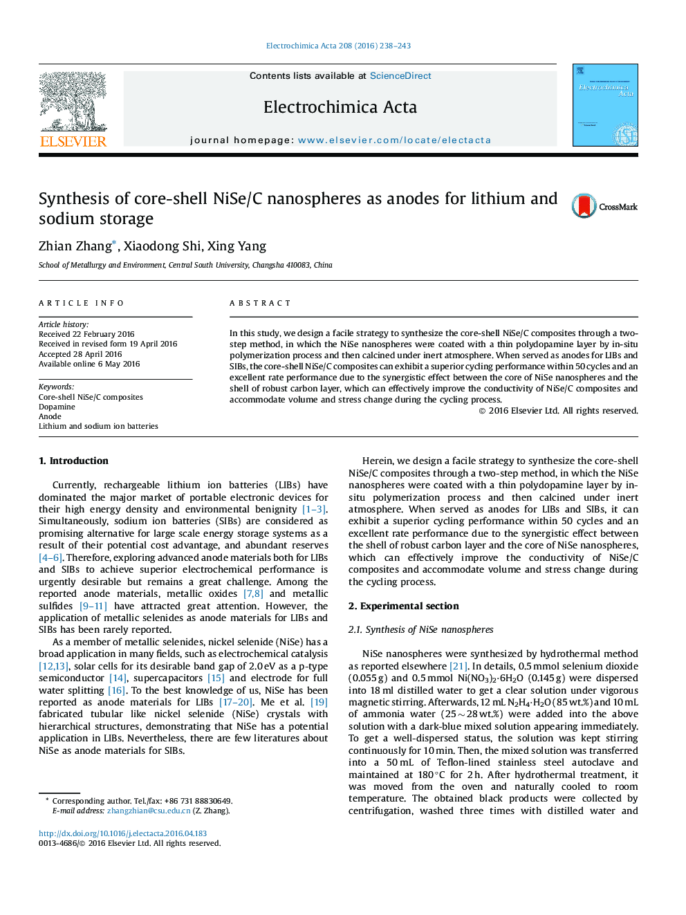 Synthesis of core-shell NiSe/C nanospheres as anodes for lithium and sodium storage