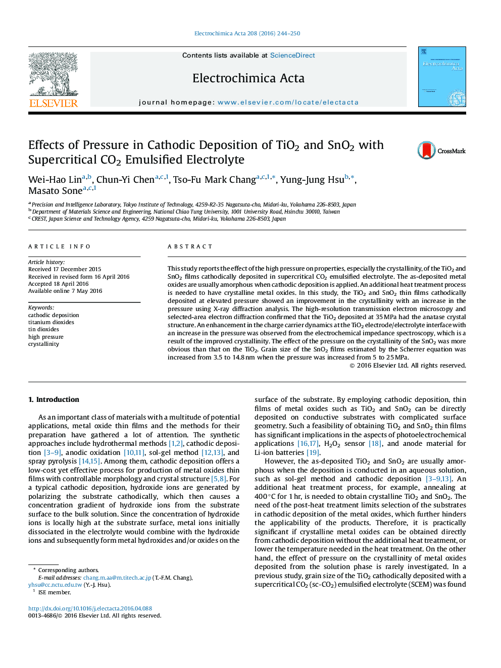 Effects of Pressure in Cathodic Deposition of TiO2 and SnO2 with Supercritical CO2 Emulsified Electrolyte