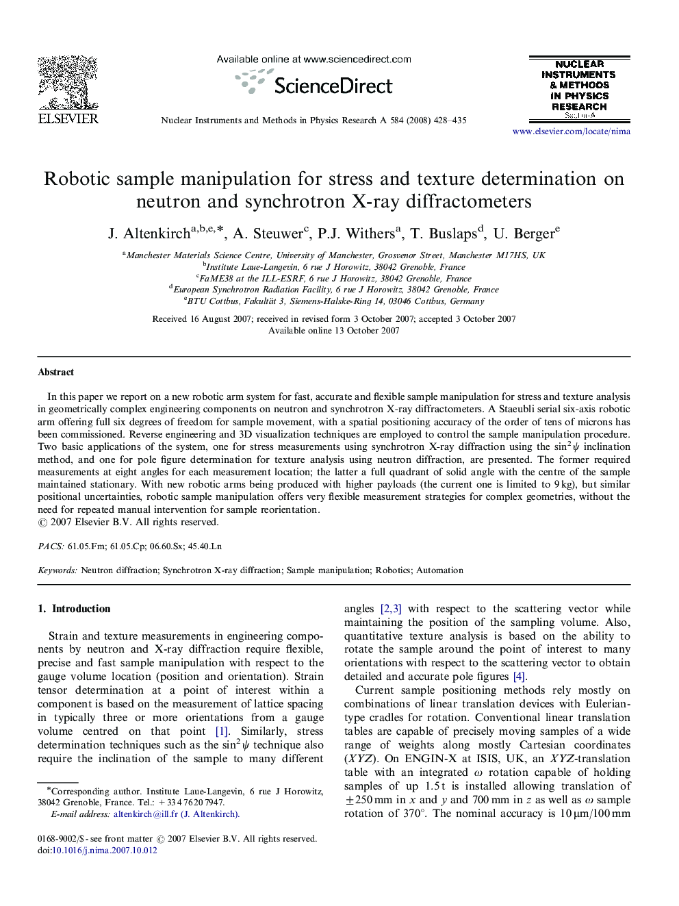 Robotic sample manipulation for stress and texture determination on neutron and synchrotron X-ray diffractometers