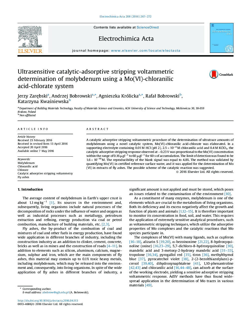 Ultrasensitive catalytic-adsorptive stripping voltammetric determination of molybdenum using a Mo(VI)-chloranilic acid-chlorate system