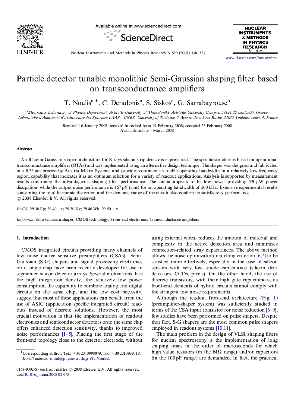 Particle detector tunable monolithic Semi-Gaussian shaping filter based on transconductance amplifiers