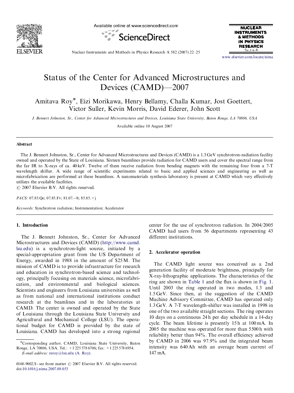 Status of the Center for Advanced Microstructures and Devices (CAMD)-2007