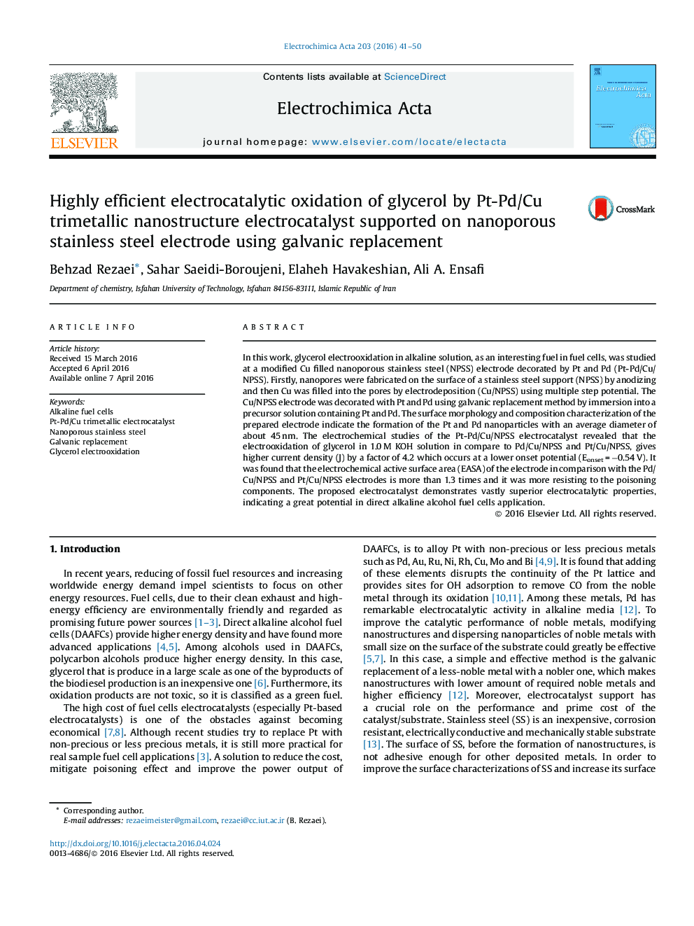 Highly efficient electrocatalytic oxidation of glycerol by Pt-Pd/Cu trimetallic nanostructure electrocatalyst supported on nanoporous stainless steel electrode using galvanic replacement