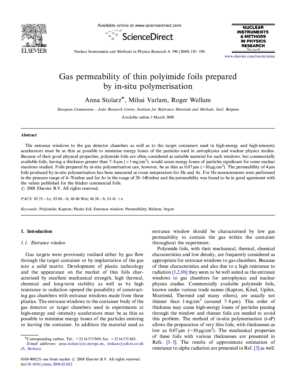Gas permeability of thin polyimide foils prepared by in-situ polymerisation