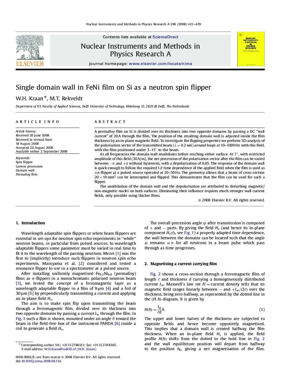 Single domain wall in FeNi film on Si as a neutron spin flipper