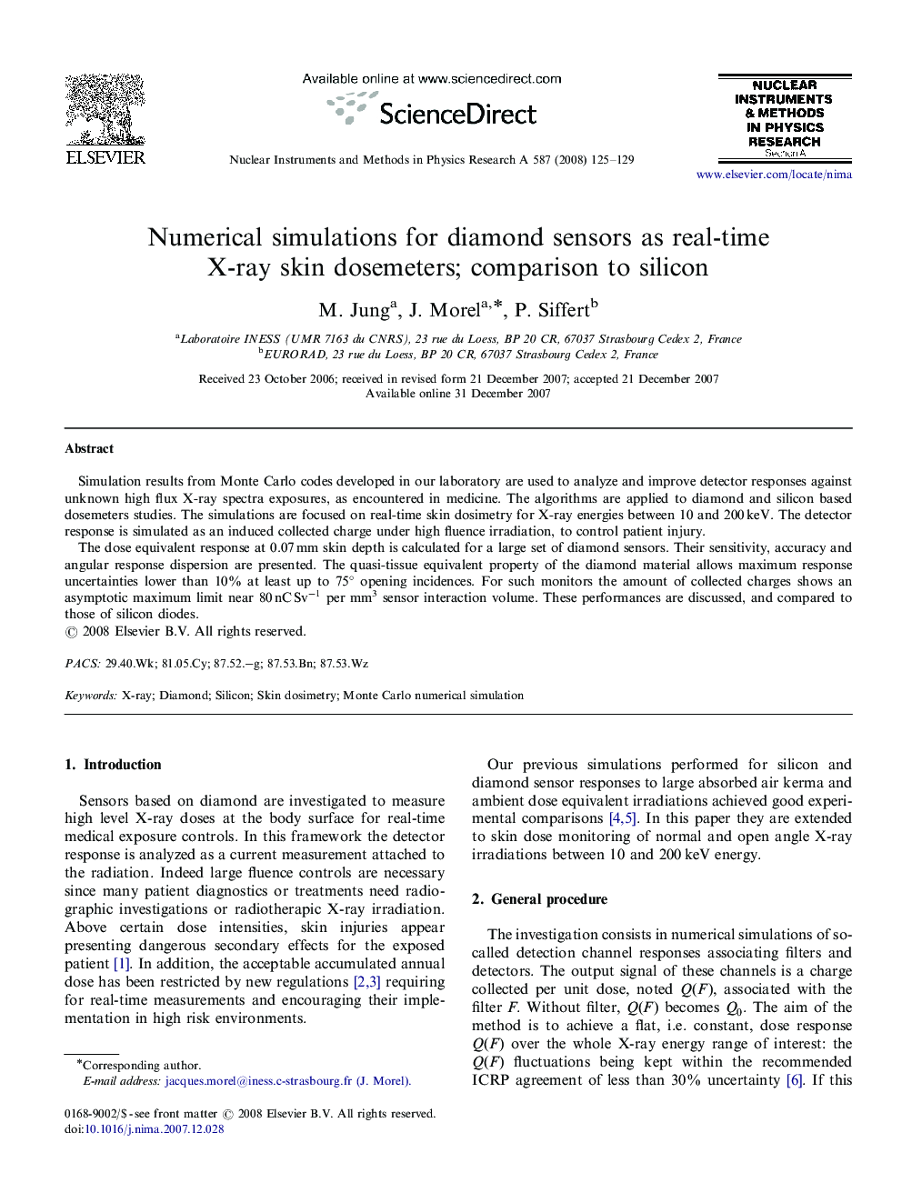 Numerical simulations for diamond sensors as real-time X-ray skin dosemeters; comparison to silicon