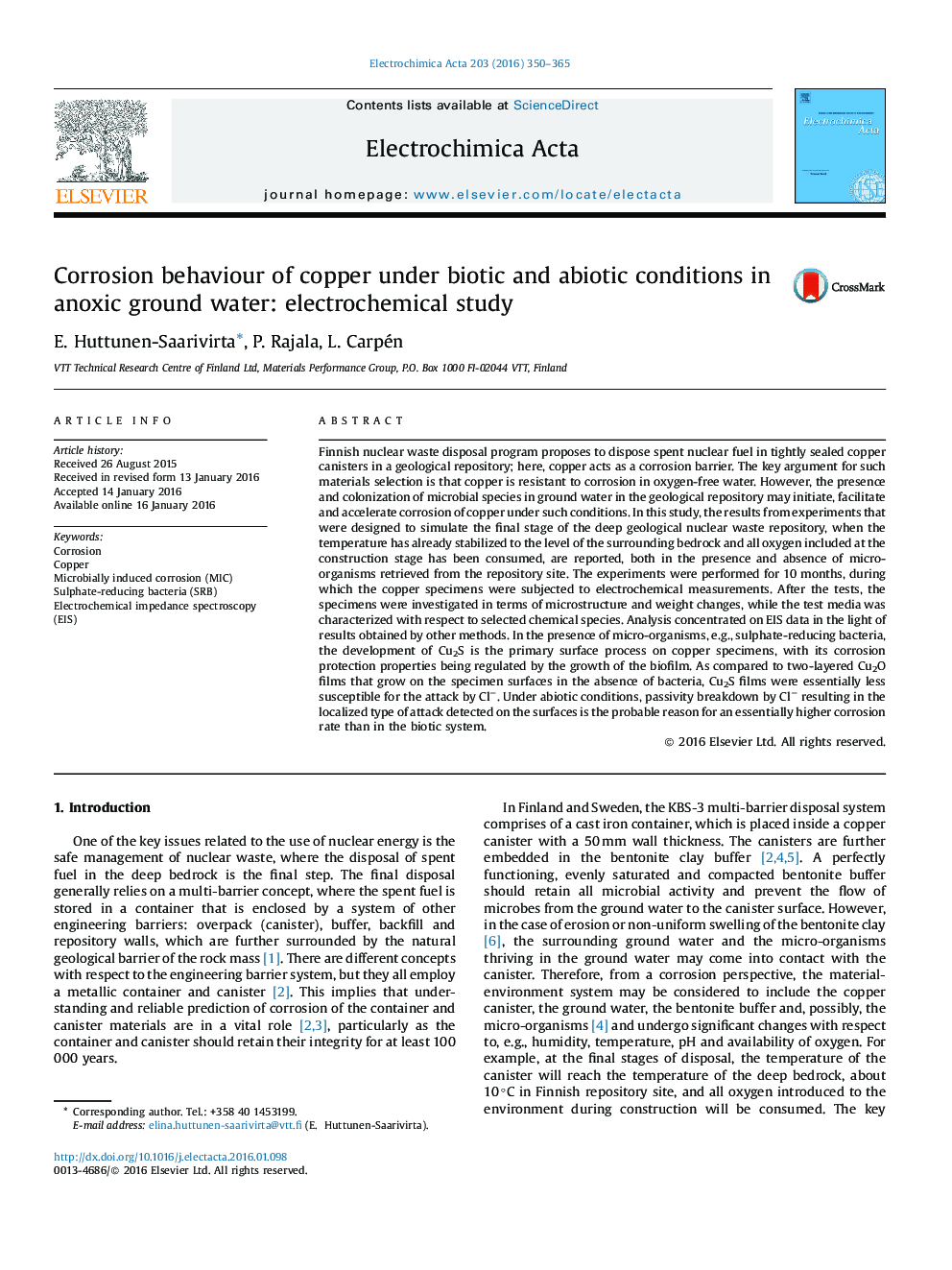 رفتار خوردگی مس در شرایط زیستی و زیستی در آبهای زیرزمینی: مطالعه الکتروشیمیایی 