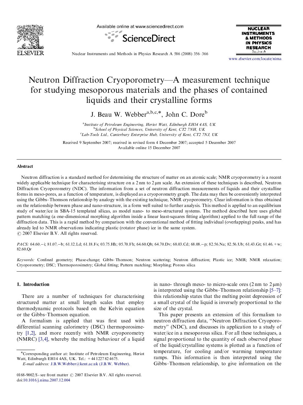 Neutron Diffraction Cryoporometry—A measurement technique for studying mesoporous materials and the phases of contained liquids and their crystalline forms