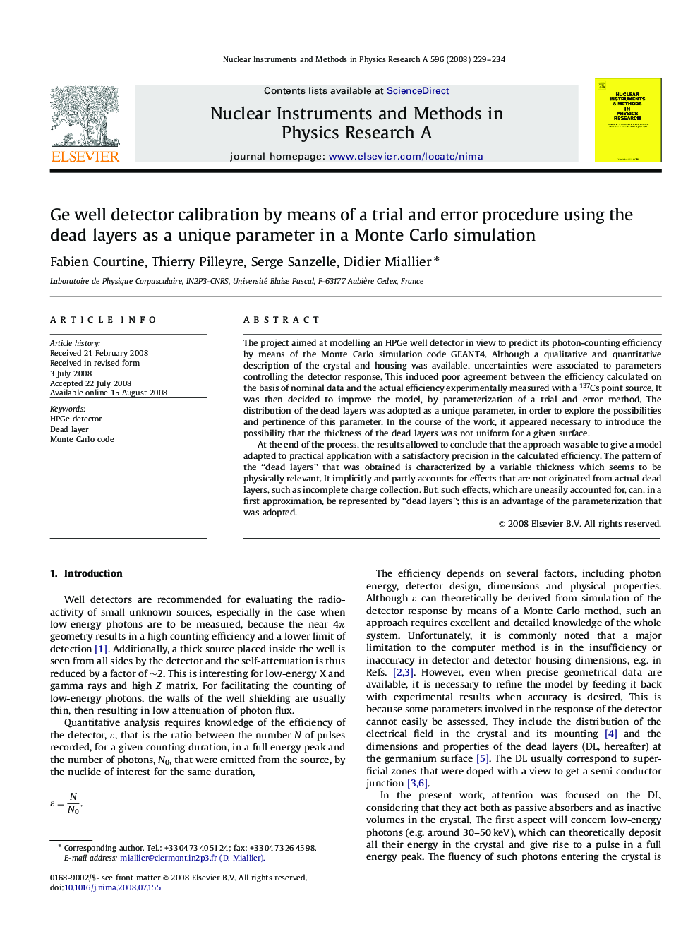 Ge well detector calibration by means of a trial and error procedure using the dead layers as a unique parameter in a Monte Carlo simulation