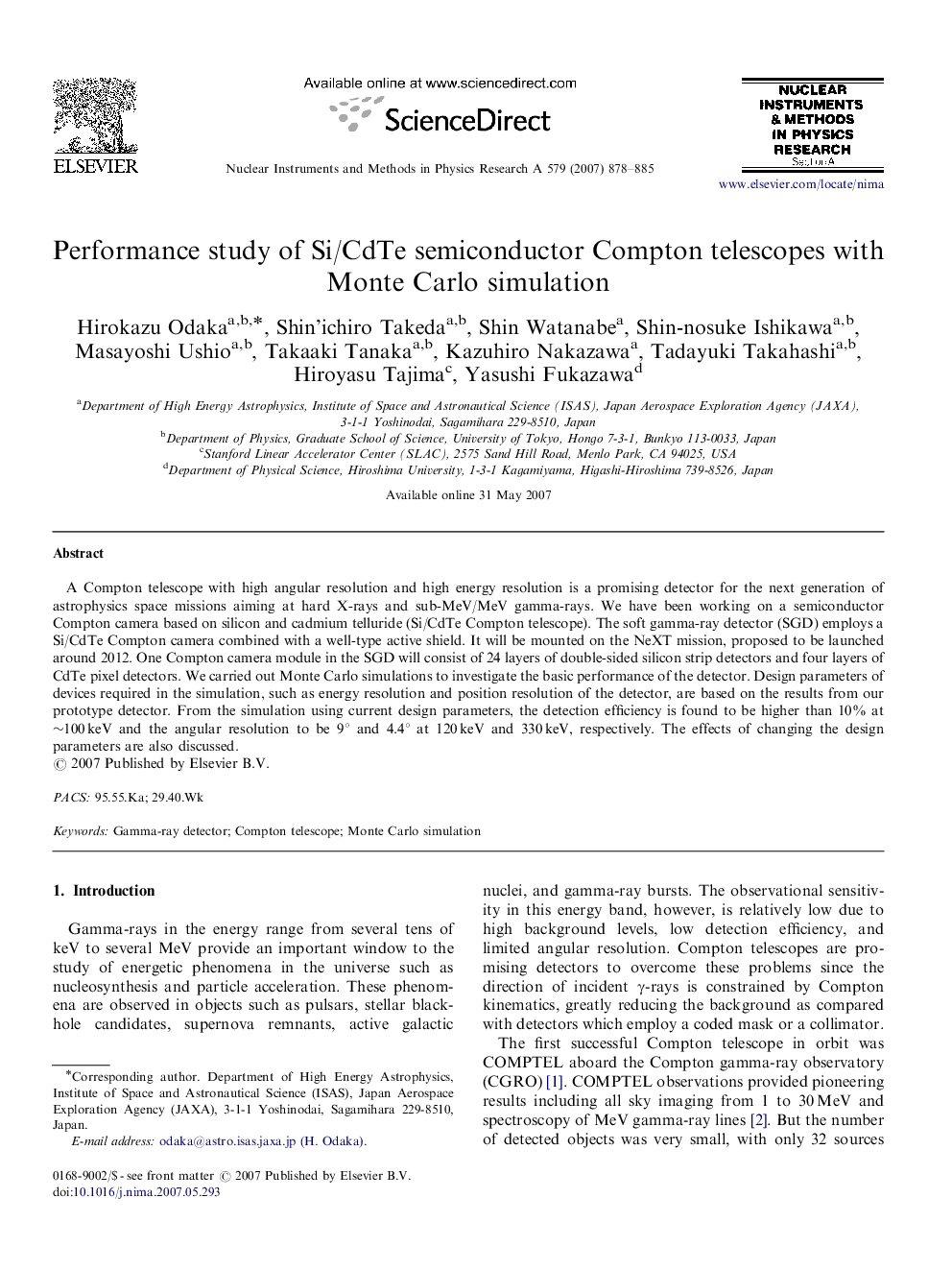 عکس صفحه اول مقاله: Performance study of Si/CdTe semiconductor Compton telescopes with Monte Carlo simulation Performance study of Si/CdTe semiconductor Compton telescopes with Monte Carlo simulation