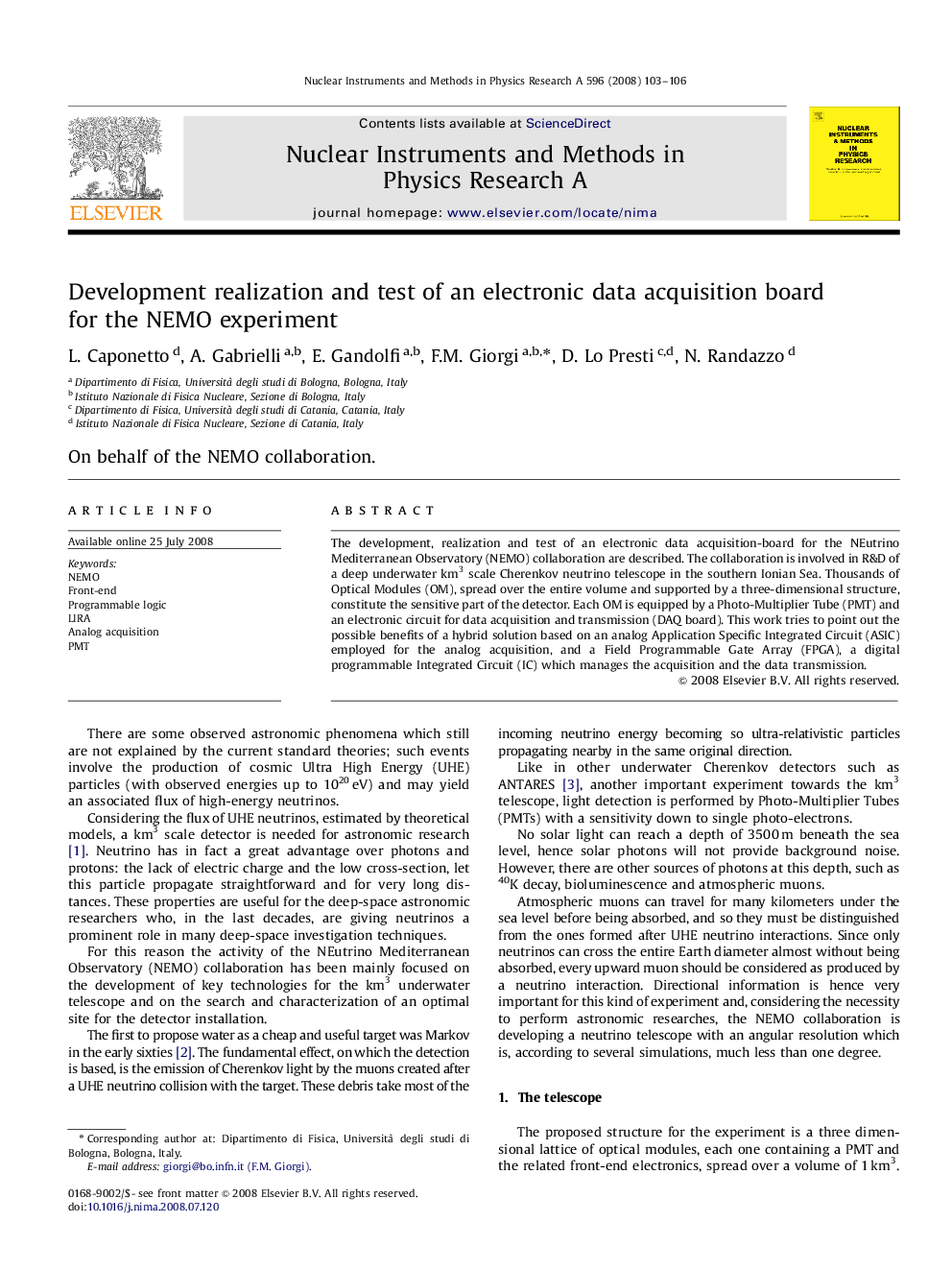 Development realization and test of an electronic data acquisition board for the NEMO experiment