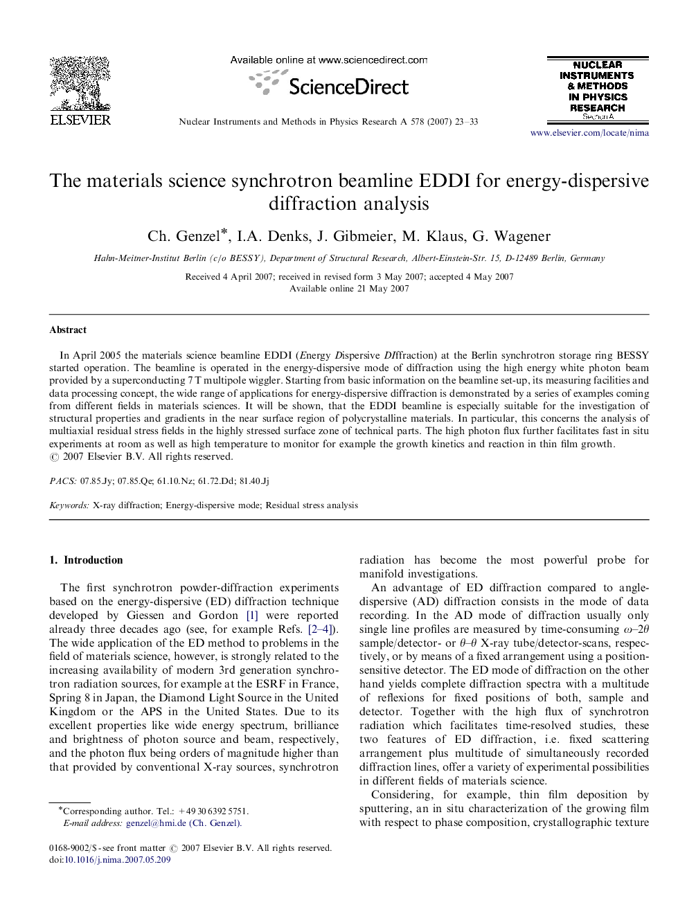 The materials science synchrotron beamline EDDI for energy-dispersive diffraction analysis