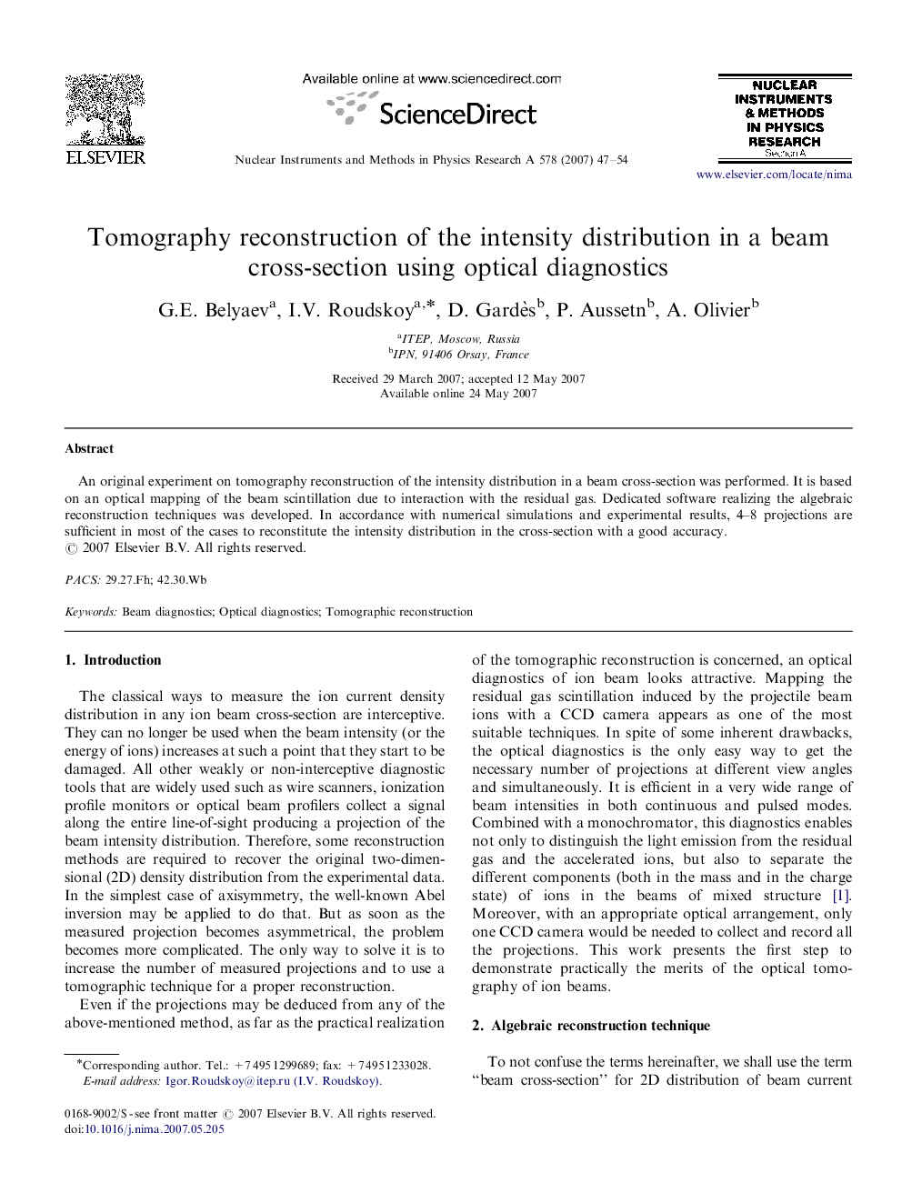 Tomography reconstruction of the intensity distribution in a beam cross-section using optical diagnostics