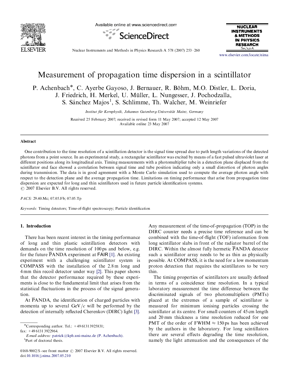 Measurement of propagation time dispersion in a scintillator