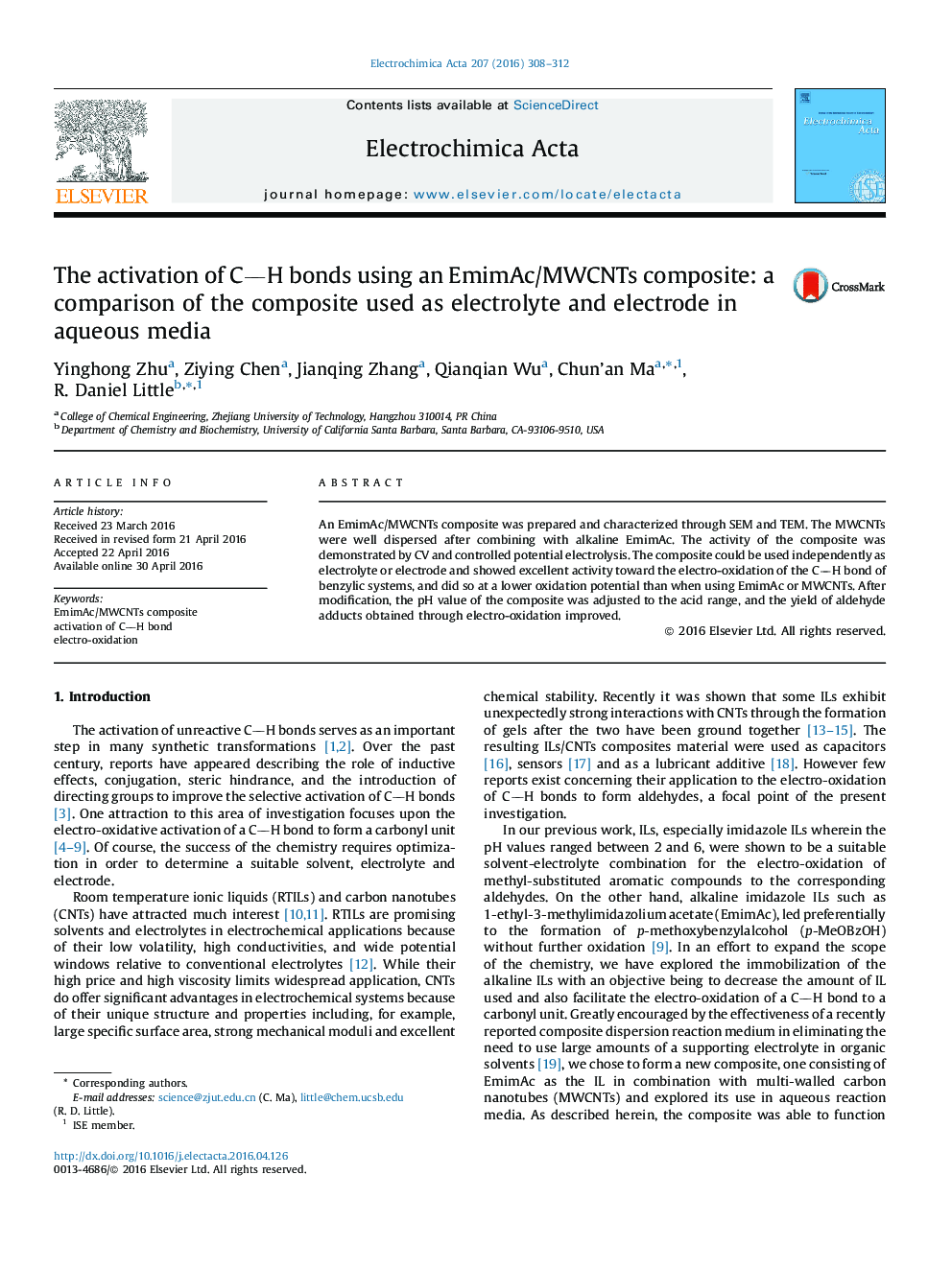 فعال سازی پیوندهای CH با استفاده از کامپوزیت EmimAc / MWCNTs: مقایسه کامپوزیت مورد استفاده در الکترولیت و الکترود در محیط های آبی