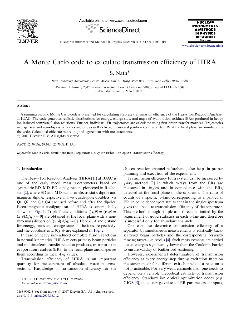 A Monte Carlo code to calculate transmission efficiency of HIRA