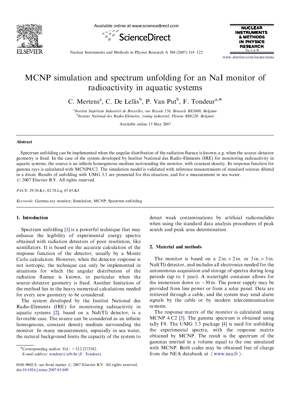 MCNP simulation and spectrum unfolding for an NaI monitor of radioactivity in aquatic systems