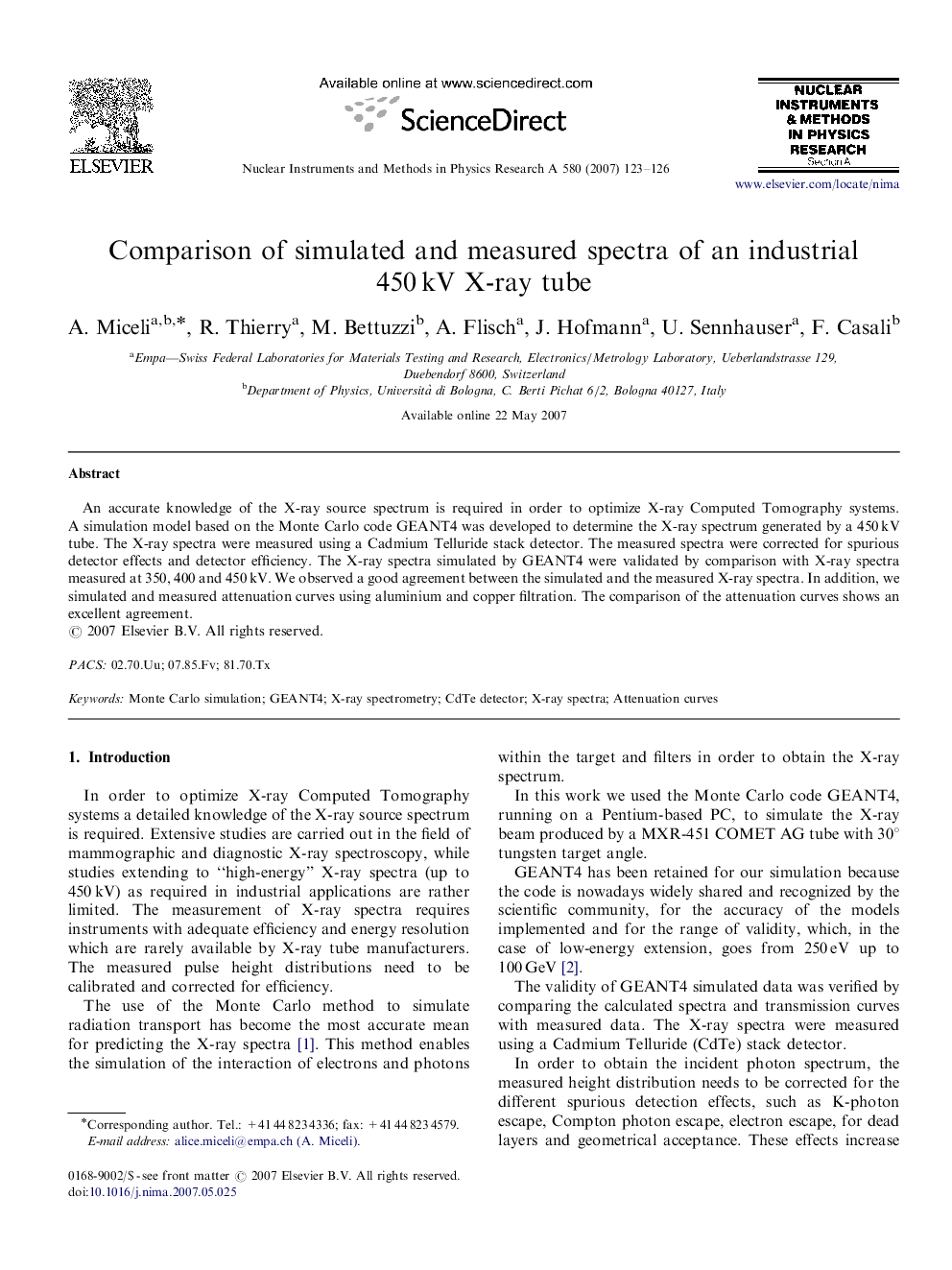 Comparison of simulated and measured spectra of an industrial 450 kV X-ray tube