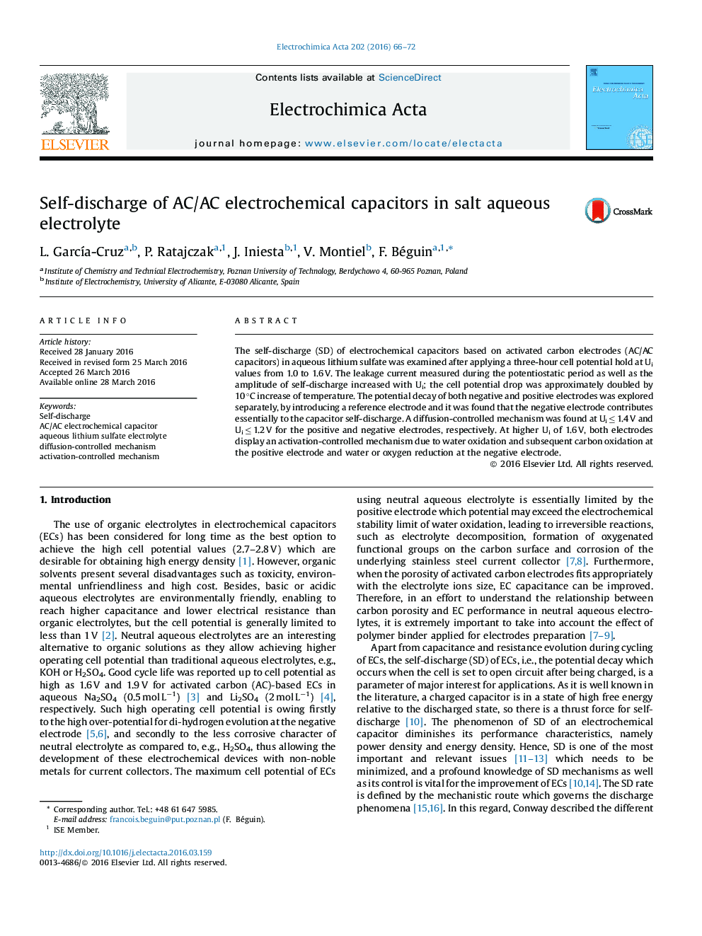 Self-discharge of AC/AC electrochemical capacitors in salt aqueous electrolyte