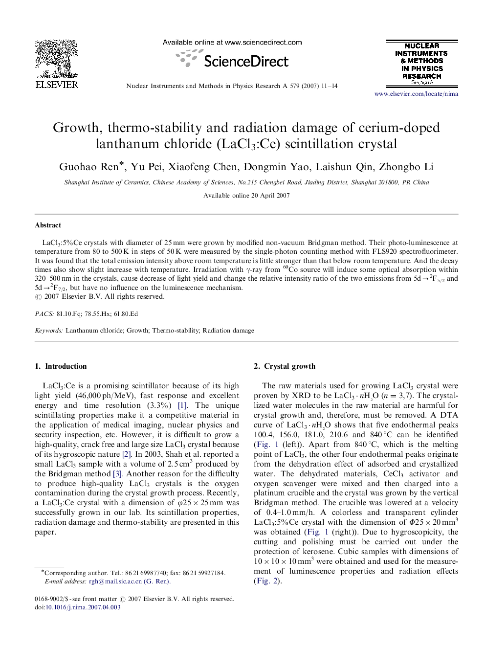 عکس صفحه اول مقاله: Growth, thermo-stability and radiation damage of cerium-doped lanthanum chloride (LaCl3:Ce) scintillation crystal Growth, thermo-stability and radiation damage of cerium-doped lanthanum chloride (LaCl3:Ce) scintillation crystal