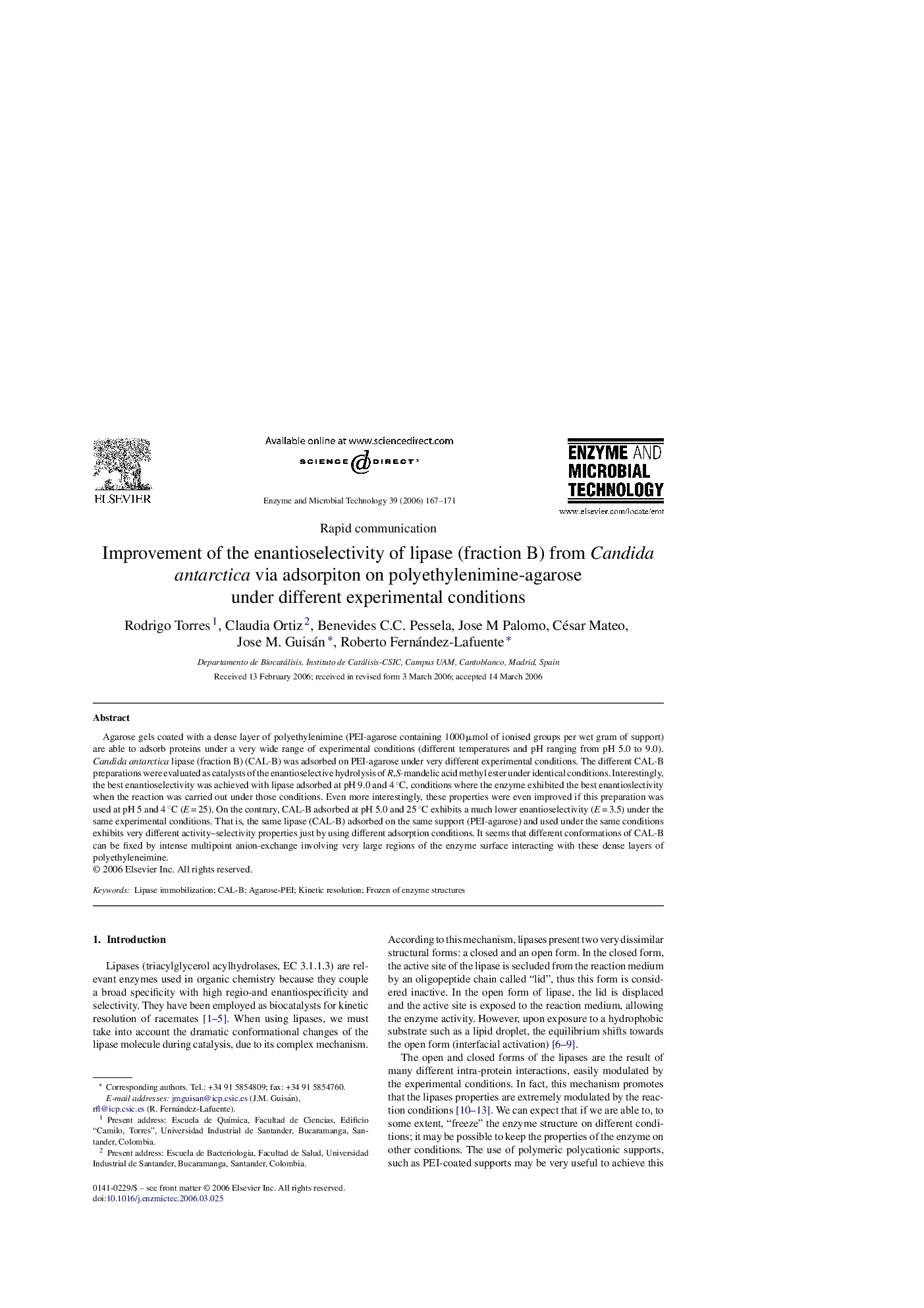 عکس صفحه اول مقاله: Improvement of the enantioselectivity of lipase (fraction B) from Candida antarctica via adsorpiton on polyethylenimine-agarose under different experimental conditions Improvement of the enantioselectivity of lipase (fraction B) from Candida antarctica via adsorpiton on polyethylenimine-agarose under different experimental conditions