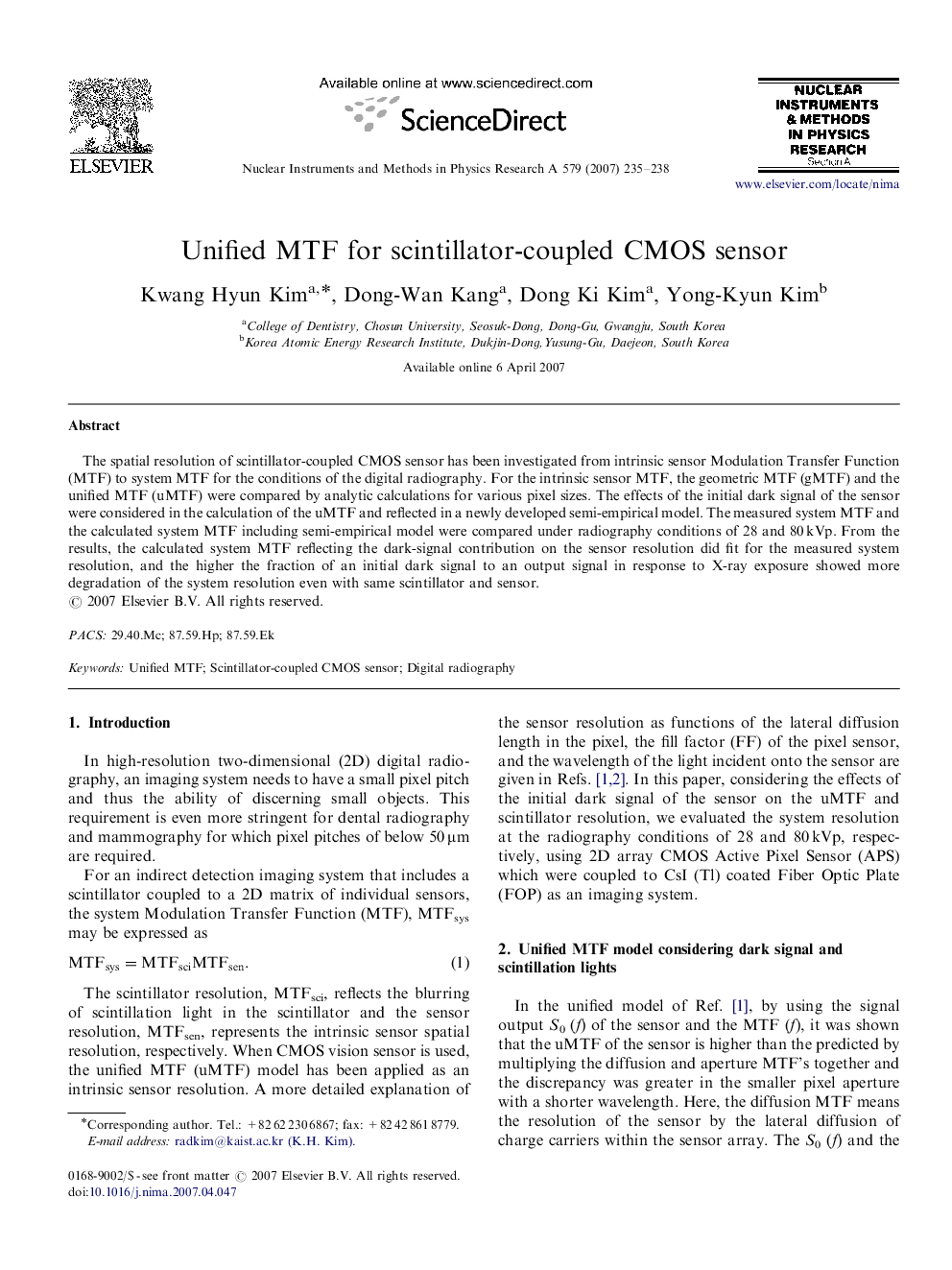 Unified MTF for scintillator-coupled CMOS sensor