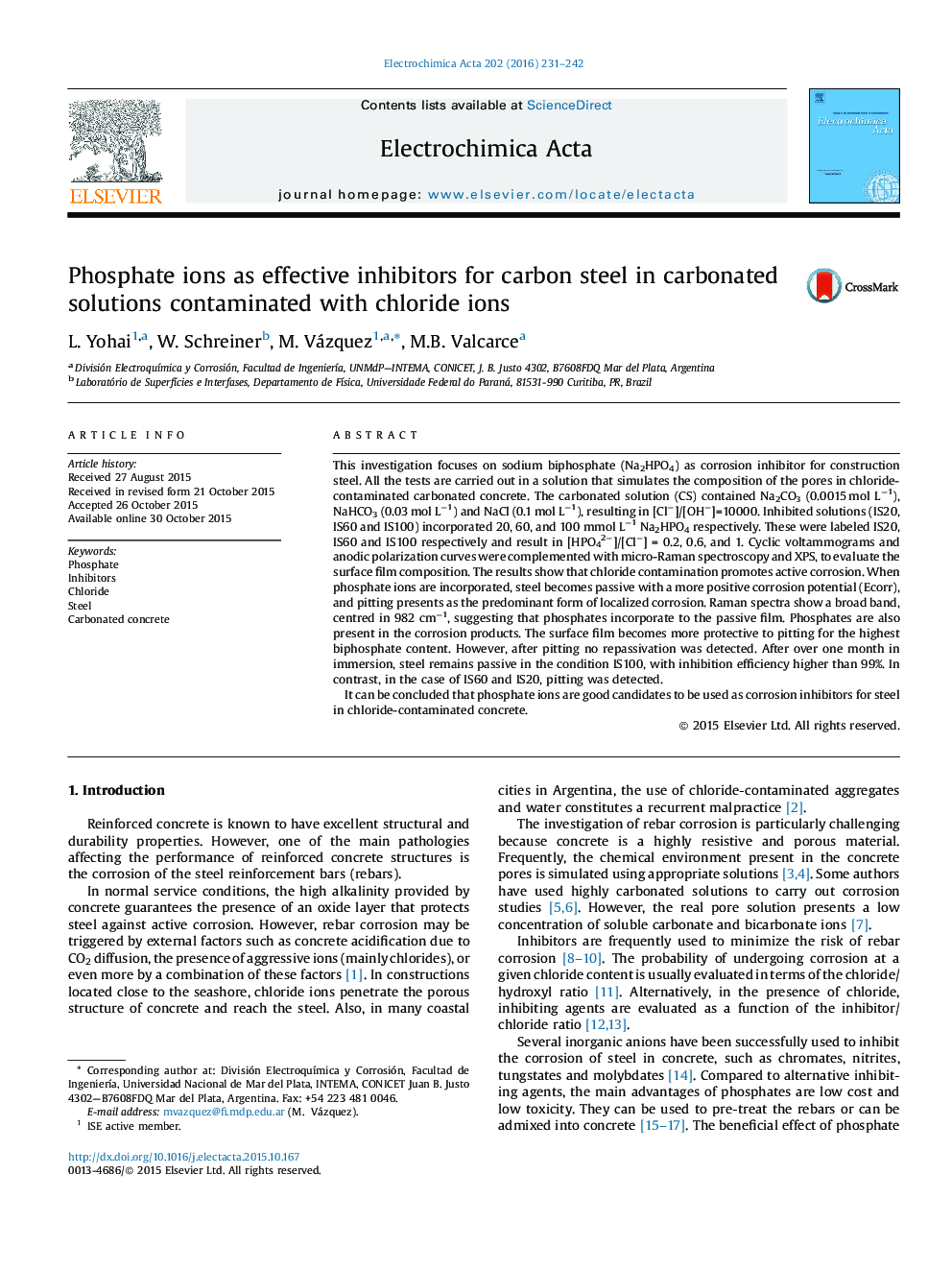 Phosphate ions as effective inhibitors for carbon steel in carbonated solutions contaminated with chloride ions