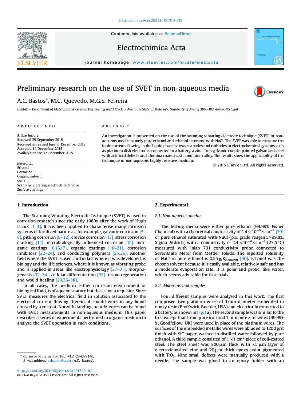 Preliminary research on the use of SVET in non-aqueous media