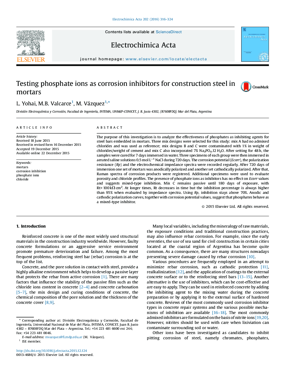 Testing phosphate ions as corrosion inhibitors for construction steel in mortars