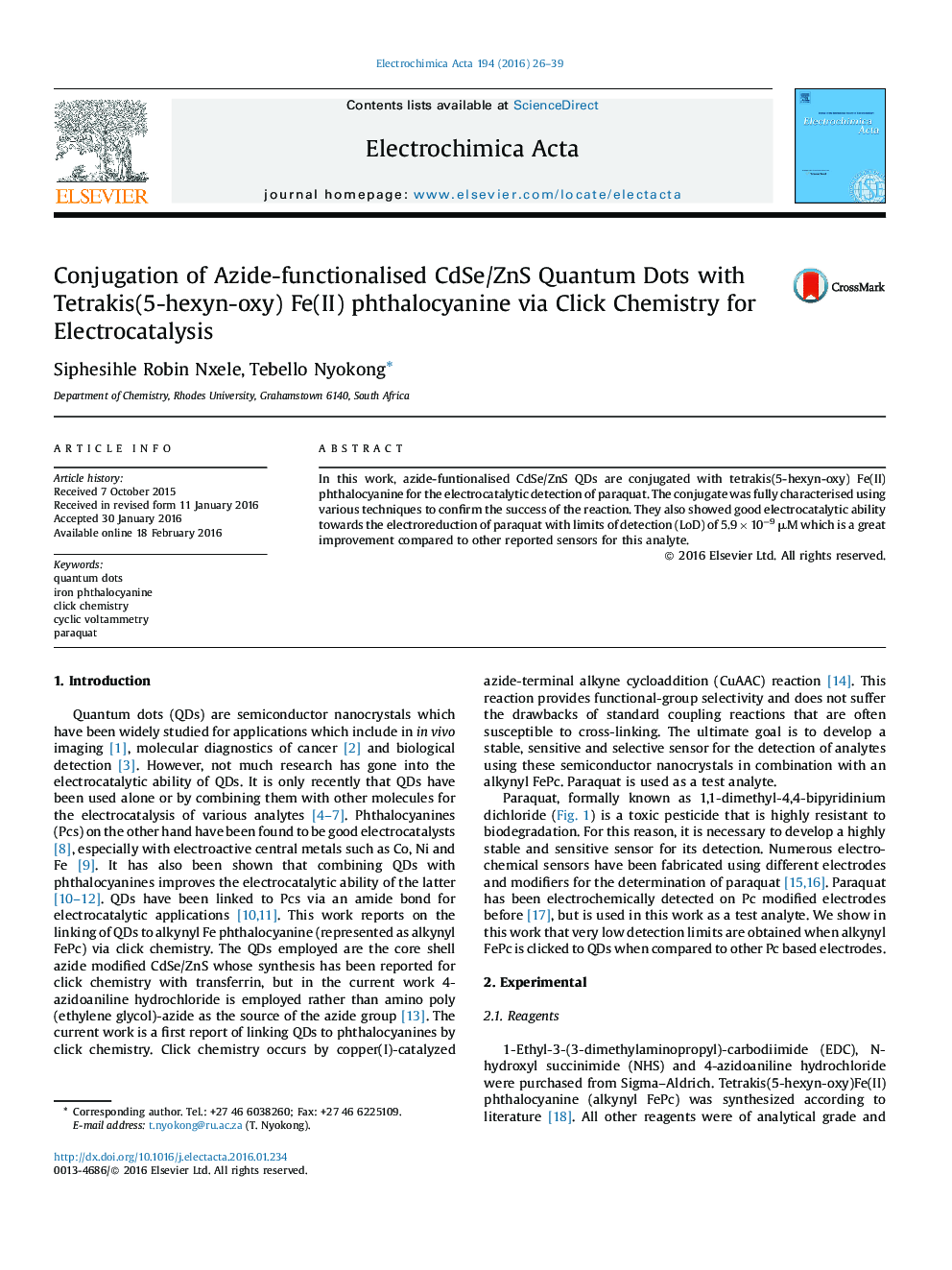 Conjugation of Azide-functionalised CdSe/ZnS Quantum Dots with Tetrakis(5-hexyn-oxy) Fe(II) phthalocyanine via Click Chemistry for Electrocatalysis