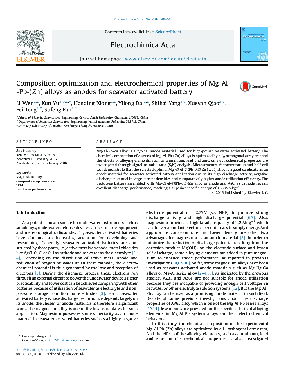 Composition optimization and electrochemical properties of Mg-Al-Pb-(Zn) alloys as anodes for seawater activated battery