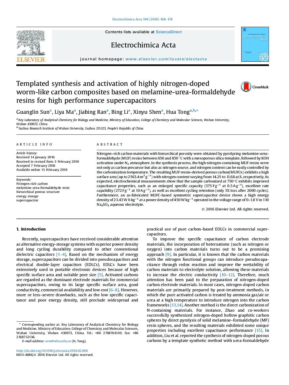 Templated synthesis and activation of highly nitrogen-doped worm-like carbon composites based on melamine-urea-formaldehyde resins for high performance supercapacitors