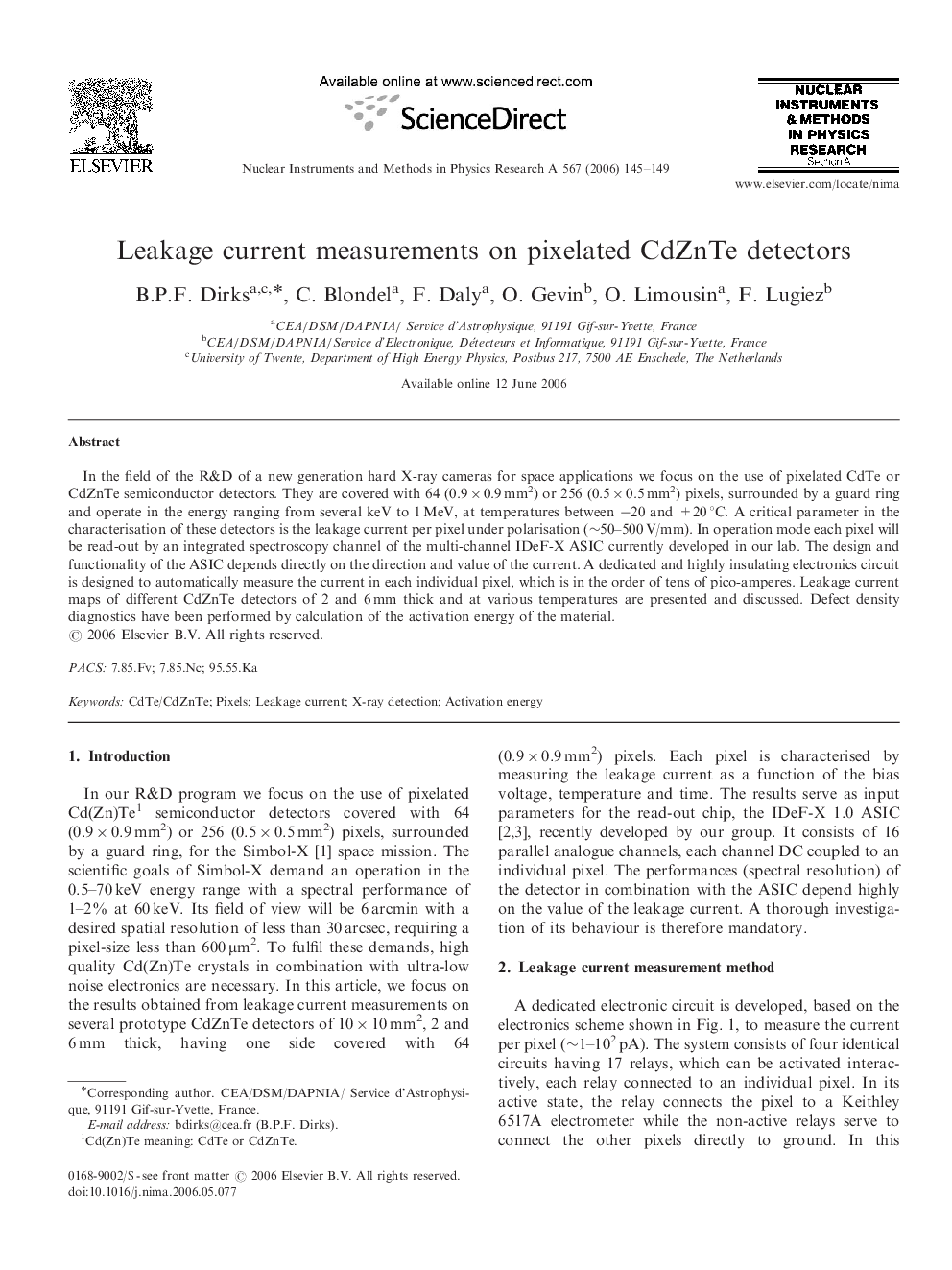 Leakage current measurements on pixelated CdZnTe detectors