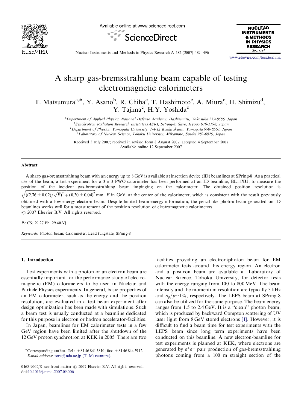 A sharp gas-bremsstrahlung beam capable of testing electromagnetic calorimeters