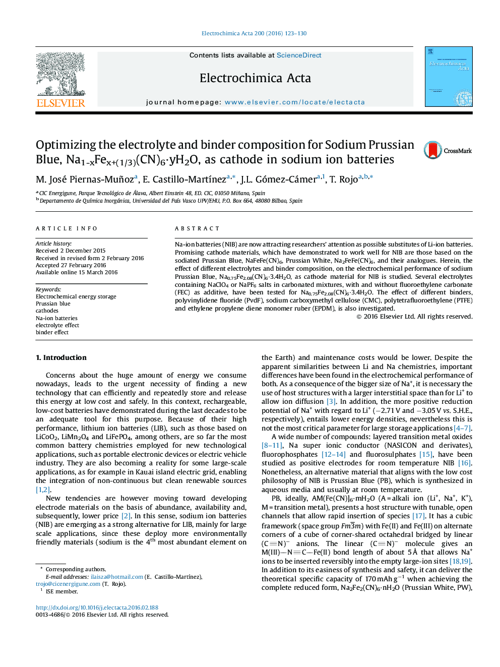 Optimizing the electrolyte and binder composition for Sodium Prussian Blue, Na1-xFex+(1/3)(CN)6·yH2O, as cathode in sodium ion batteries