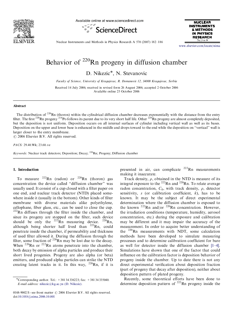 Behavior of 220Rn progeny in diffusion chamber