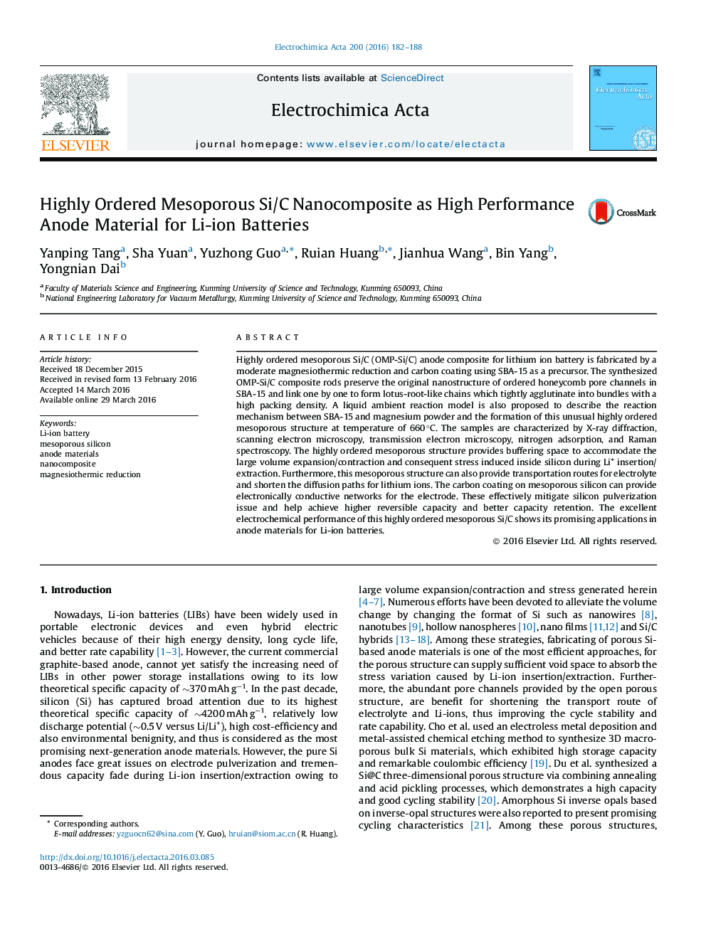 Highly Ordered Mesoporous Si/C Nanocomposite as High Performance Anode Material for Li-ion Batteries