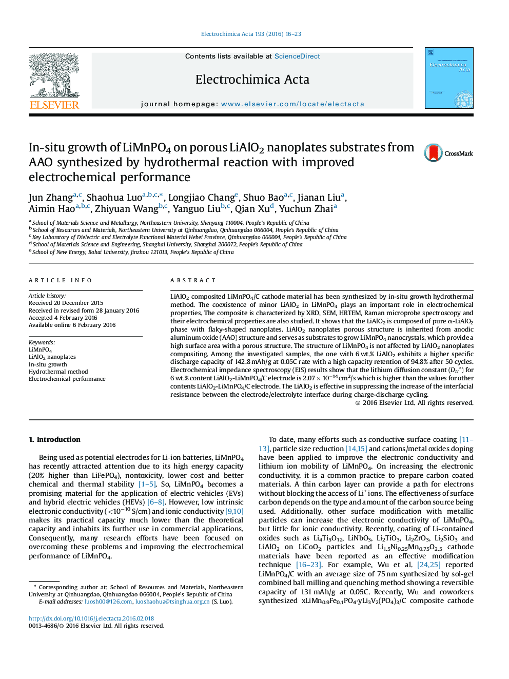 عکس صفحه اول مقاله: In-situ growth of LiMnPO4 on porous LiAlO2 nanoplates substrates from AAO synthesized by hydrothermal reaction with improved electrochemical performance In-situ growth of LiMnPO4 on porous LiAlO2 nanoplates substrates from AAO synthesized by hydrothermal reaction with improved electrochemical performance