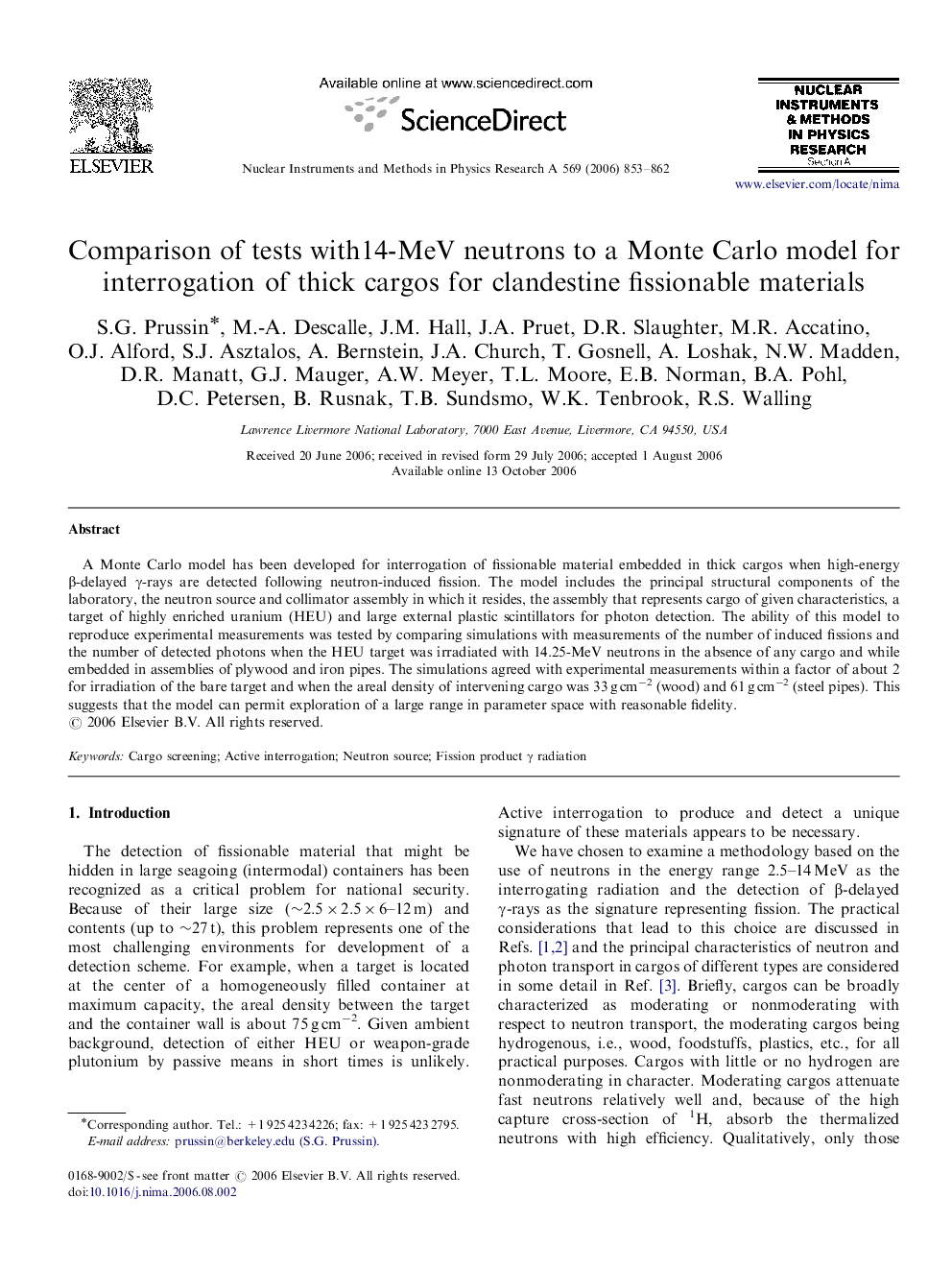 Comparison of tests with14-MeV neutrons to a Monte Carlo model for interrogation of thick cargos for clandestine fissionable materials