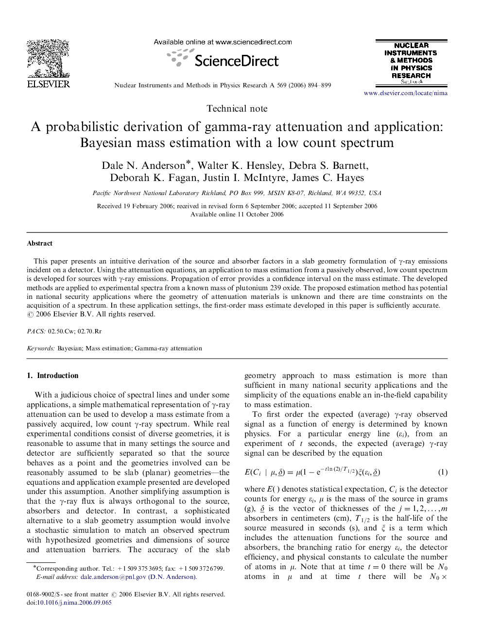 A probabilistic derivation of gamma-ray attenuation and application: Bayesian mass estimation with a low count spectrum