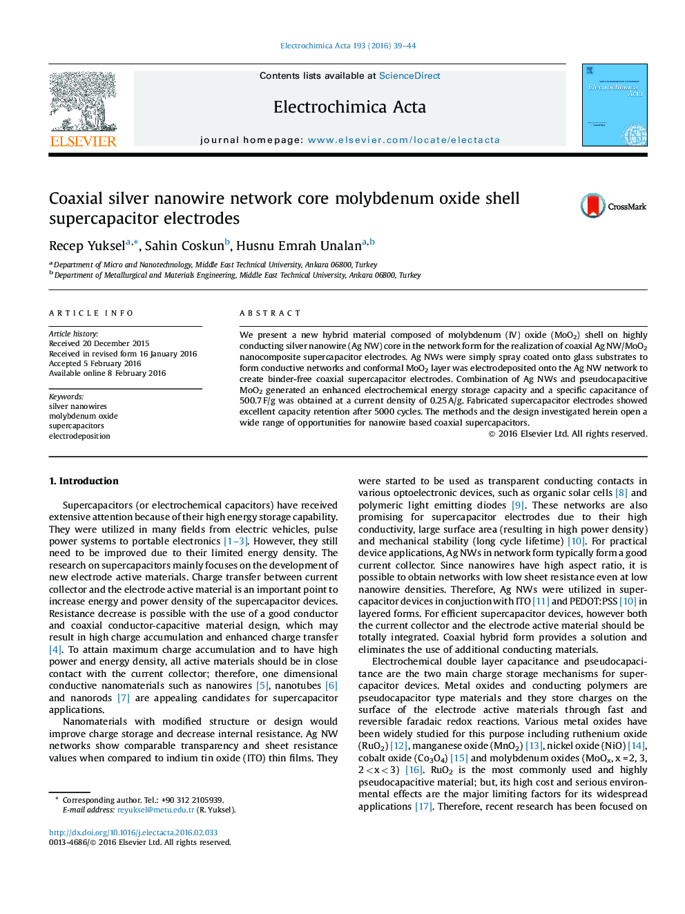 Coaxial silver nanowire network core molybdenum oxide shell supercapacitor electrodes