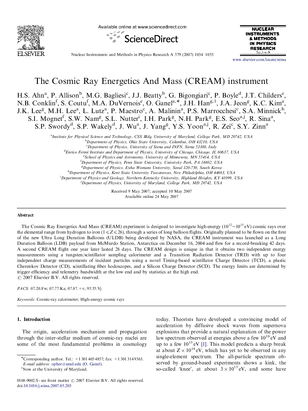 The Cosmic Ray Energetics And Mass (CREAM) instrument